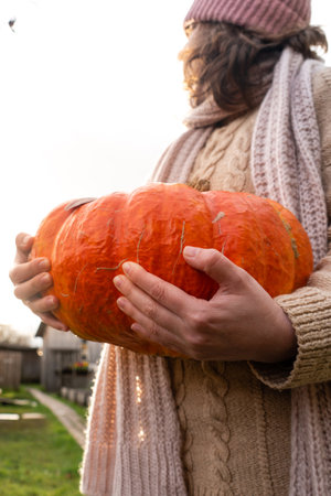 Woman farmer with ripe pumpkin.の写真素材