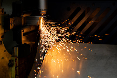 Automatic machine for cutting metal at work. Smart factory.