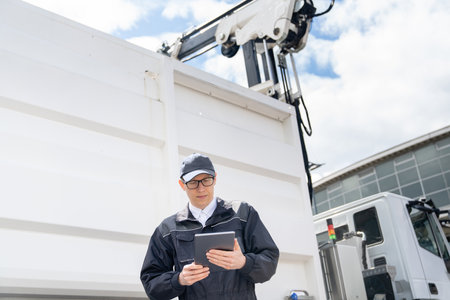 Manager with a digital tablet next to garbage truck..