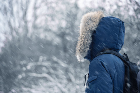 Back view of traveler in a blue jacket with a fur hood and a backpack on the background of a winter...