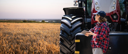Female farmer with a digital tablet next to agricultural tractorの写真素材