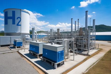 Modern hydrogen plant, gleaming machinery and pipelines, a vision of sustainable innovation.の素材