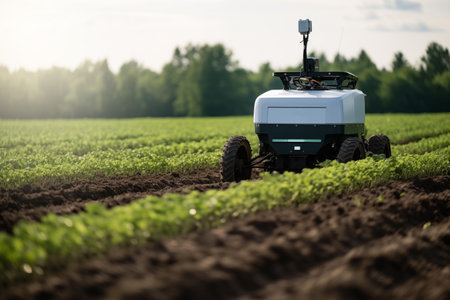 Autonomous wheeled robots working in an agricultural field. Using artificial intelligence on a smart farm.の素材