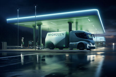 Futuristic truck with hydrogen fuel tank on a background of H2 filling station. Concept.の素材