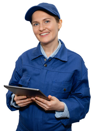 Isolated woman with a digital tablet. Service, worker, engineer.の写真素材