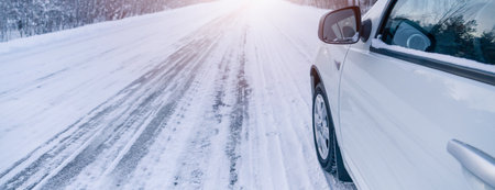 White car on a winter road.の写真素材