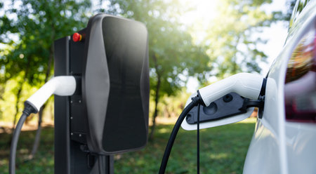 Charging electric car in the yard of a country house.の写真素材