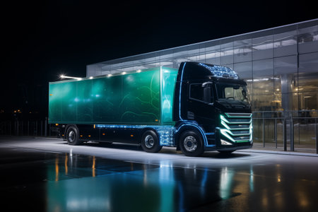 Futuristic hydrogen fuel cell truck at night.の素材