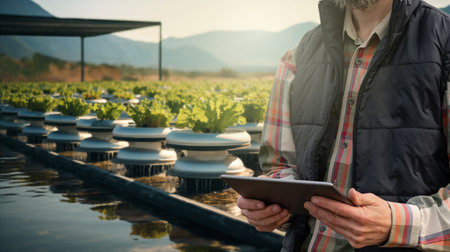 A man farmer is holding digital tablet in the backdrop of plants is growing in a water in the desert. Smart farming. Hydroponic system technology.の素材