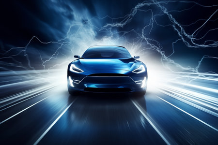 Electric car with lightning from wheels on the road at night. Electricity power symbolの素材