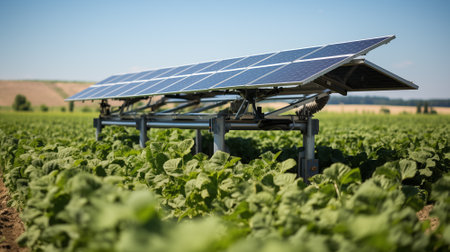Modern farm with solar panels. Renewable energy in agricultureの素材