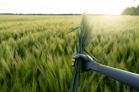 Robot holds ears of rye in his hand. Smart farming and digital transformation in agriculture 4.0..の写真素材