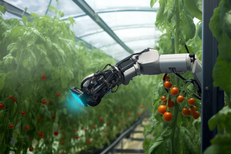 Robot is working in greenhouse with tomatoes. Smart farming and digital agriculture 4.0の素材