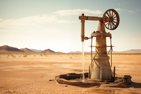 Dry cracked desert with rusty water pump. Drought and water scarcity caused by global warming..の素材
