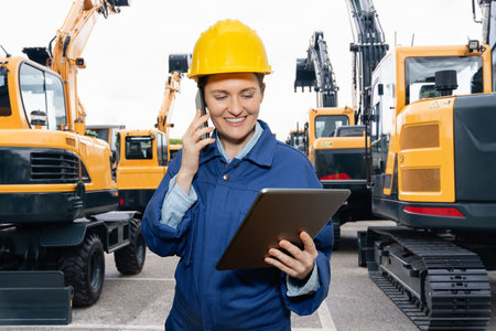 Female engineer in a helmet with a digital tablet stands next to construction excavators.