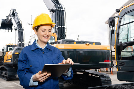 Woman engineer in a helmet with a digital tablet stands next to construction excavators.