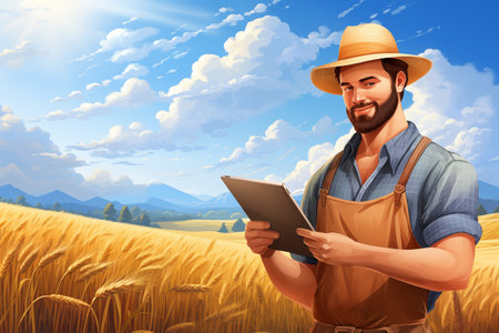 Farmer with digital tablet on the wheat field. Smart farming and precision agricultureの素材