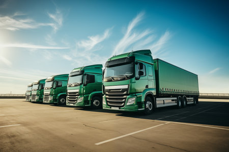Row of green semi trucks parked in sequence, showcasing eco-friendly transport. Symbolizing a shift toward sustainable logistics.の素材