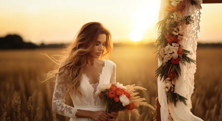 Blonde bride wearing lace dress is holding boho bouquet of flowers in background of sunset field. The woman is standing nex to wedding arch.の素材