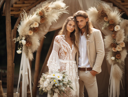 Boho style bride and groom are holding hands in the background of romantic wedding arch at the sea bay and mountains.の素材