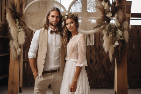 Boho style bride and groom are holding hands in the background of romantic wedding archの素材