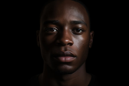 Portrait of a black man against a black background..の素材