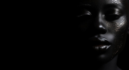 Powerful portrait of a black woman against a black backgroundの素材