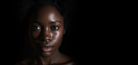 Powerful portrait of a black woman against a black backgroundの素材