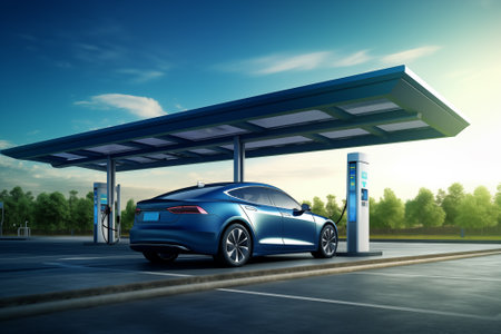 Electric car is charged from a charging station that takes energy from solar panelsの素材