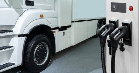 Electric truck batteries are charged from the charging station. Concept.