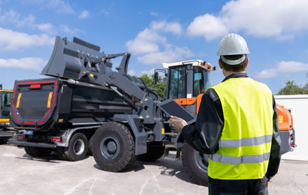 Engineer with a digital tablet on the background of construction machine.