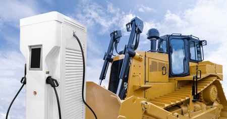 Electric construction bulldozer with charging station. Concept.
