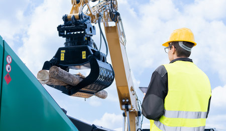 Worker with digital tablet controls process of loading timber.