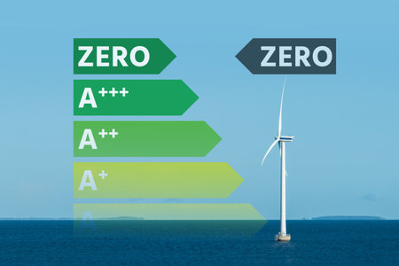 Renewable energy sources with energy label. Arrow points to Zero.