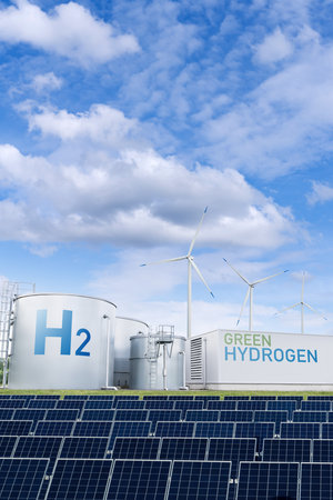 Green hydrogen factory concept. Hydrogen production from renewable energy sources