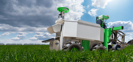 Autonomous wheeled robot is working in an agricultural field. Using artificial intelligence on a smart farm.の写真素材