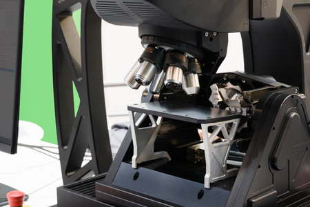 Optic machine for precise measurement of part size and quality evaluation. Smart factory.