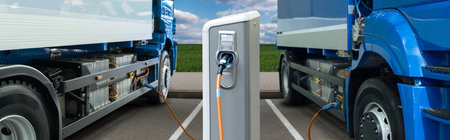 Electric trucks batteries are charged from the charging station. Concept..の写真素材