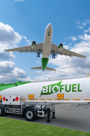 Airplane and biofuel tank trailer. New energy sources.の写真素材