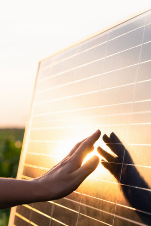 Close-up of a hand touching a solar panel at sunset.の写真素材