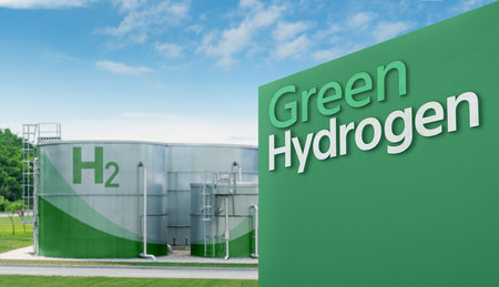 Green wall with inscription GREEN HYDROGEN.の写真素材