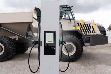 Electric vehicles charging station on a background of a trucks. Concept..