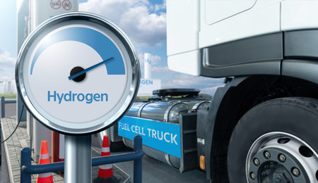 A hydrogen fuel cell semi truck with H2 gas cylinder onboard next to filling station. Eco-friendly commercial vehicle concept.の写真素材