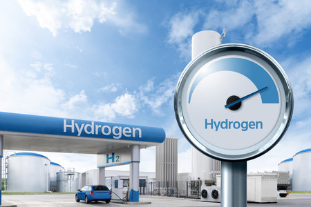 Fuel cell car at the hydrogen filling station. Concept.の写真素材