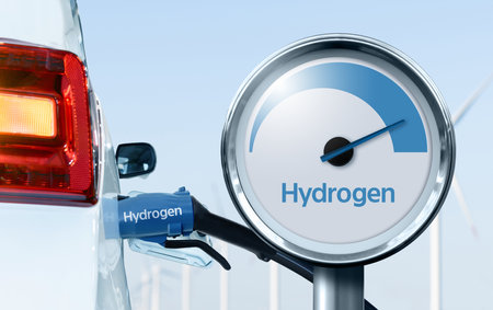 Close up of fuel cell car with connected hydrogen fueling nozzle. Wind turbines in the backgroundの写真素材