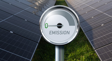 Gauge with inscription EMISSION on a background of renewable energy sources. Arrow points to zero. Concept of green energy..の写真素材