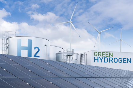 Hydrogen factory with energy storage concept. Green hydrogen production from renewable energy sourcesの写真素材