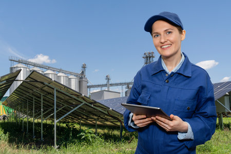 Female farmer with digital tablet on a modern farm using solar panels..
