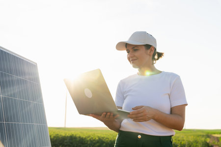 Woman farmer wearing white cap and t-shirt with laptop stands next to solar panel..の写真素材