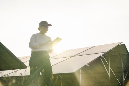 Female farmer with digital tablet on a modern farm using solar panels.